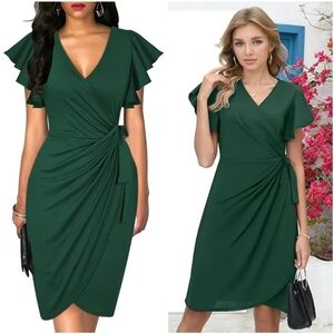NWT G&Y Dark Green V Ruched Tie Waist Wrap Short Sleeve Holiday Midi Dress XL